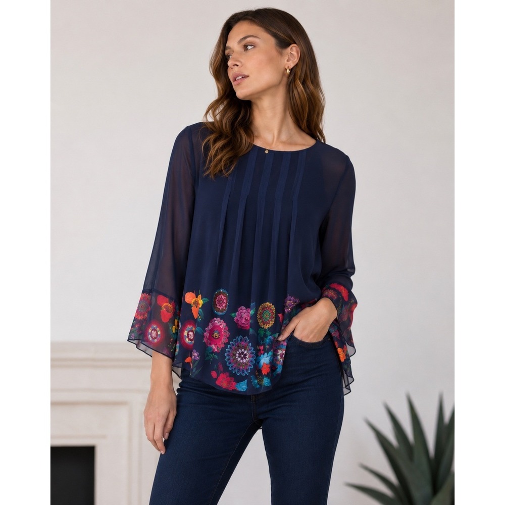 Desigual Navy Blue Mesh Floral Pintuck Blouse Sheer Layered Top Large